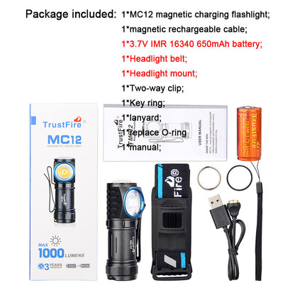 TrustFire MC12 EDC Powerful LED Flashlight 1000Lumens Magnetic Rechargeable Head Lamp CREE XP-L HI Camping Torch Flash Light